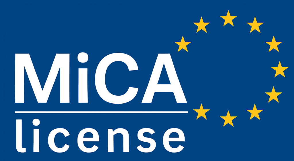 MiCA logo with European Union stars on a blue background.
